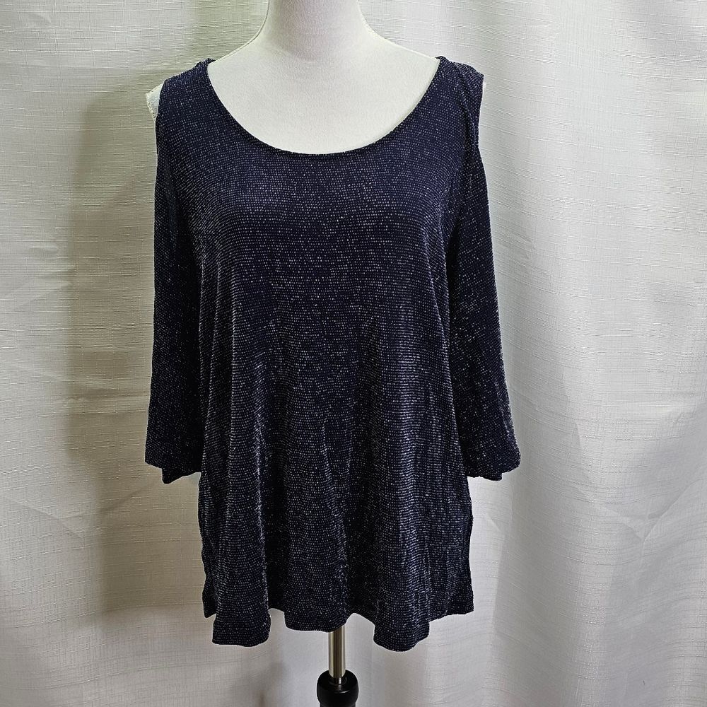 NY&Co 7th Ave Design Studio Blue Sparkle Cold Shoulder Slinky Top Size XL
